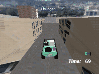 A video game character driving a car off a ramp, then failing to land the sick jump.